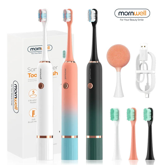 Mornwell Sonic Electric Toothbrush T33 Adult Timer Brush 5 Modes USB Charger Rechargeable Tooth Brushes Replacement Heads Set